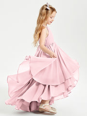 Chiffon Junior Bridesmaid Dresses Asymmetrical Cascading Skirt Blushing Pink