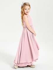 Chiffon Junior Bridesmaid Dresses Asymmetrical Cascading Skirt Blushing Pink