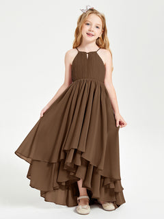 Chiffon Junior Bridesmaid Dresses Asymmetrical Cascading Skirt Brown