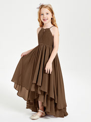 Chiffon Junior Bridesmaid Dresses Asymmetrical Cascading Skirt Brown