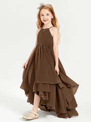 Chiffon Junior Bridesmaid Dresses Asymmetrical Cascading Skirt Brown