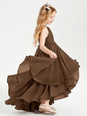 Chiffon Junior Bridesmaid Dresses Asymmetrical Cascading Skirt Brown