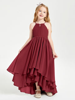 Chiffon Junior Bridesmaid Dresses Asymmetrical Cascading Skirt Burgundy