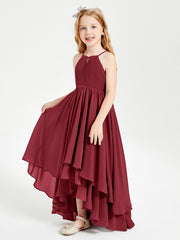 Chiffon Junior Bridesmaid Dresses Asymmetrical Cascading Skirt Burgundy