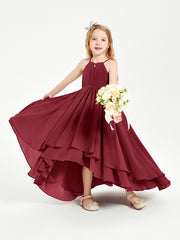 Chiffon Junior Bridesmaid Dresses Asymmetrical Cascading Skirt Burgundy