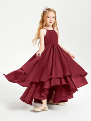 Chiffon Junior Bridesmaid Dresses Asymmetrical Cascading Skirt Burgundy