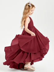 Chiffon Junior Bridesmaid Dresses Asymmetrical Cascading Skirt Burgundy