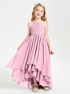 Chiffon Junior Bridesmaid Dresses Asymmetrical Cascading Skirt Candy Pink