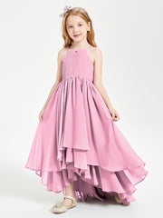 Chiffon Junior Bridesmaid Dresses Asymmetrical Cascading Skirt Candy Pink