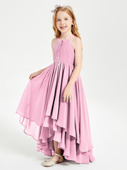 Chiffon Junior Bridesmaid Dresses Asymmetrical Cascading Skirt Candy Pink