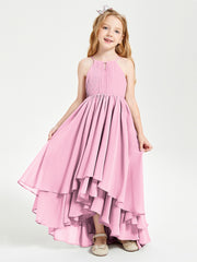 Chiffon Junior Bridesmaid Dresses Asymmetrical Cascading Skirt Candy Pink