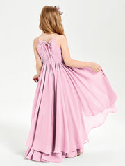 Chiffon Junior Bridesmaid Dresses Asymmetrical Cascading Skirt Candy Pink