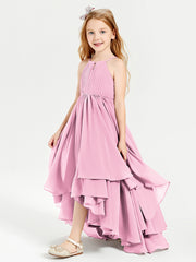 Chiffon Junior Bridesmaid Dresses Asymmetrical Cascading Skirt Candy Pink
