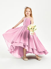Chiffon Junior Bridesmaid Dresses Asymmetrical Cascading Skirt Candy Pink