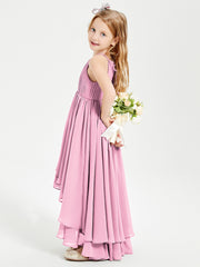 Chiffon Junior Bridesmaid Dresses Asymmetrical Cascading Skirt Candy Pink
