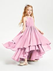 Chiffon Junior Bridesmaid Dresses Asymmetrical Cascading Skirt Candy Pink