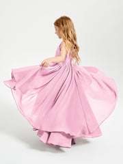 Chiffon Junior Bridesmaid Dresses Asymmetrical Cascading Skirt Candy Pink