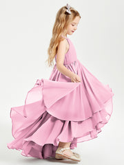 Chiffon Junior Bridesmaid Dresses Asymmetrical Cascading Skirt Candy Pink