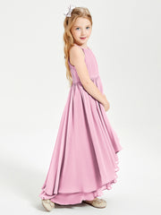 Chiffon Junior Bridesmaid Dresses Asymmetrical Cascading Skirt Candy Pink