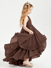 Chiffon Junior Bridesmaid Dresses Asymmetrical Cascading Skirt Chocolate