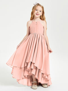 Chiffon Junior Bridesmaid Dresses Asymmetrical Cascading Skirt Coral