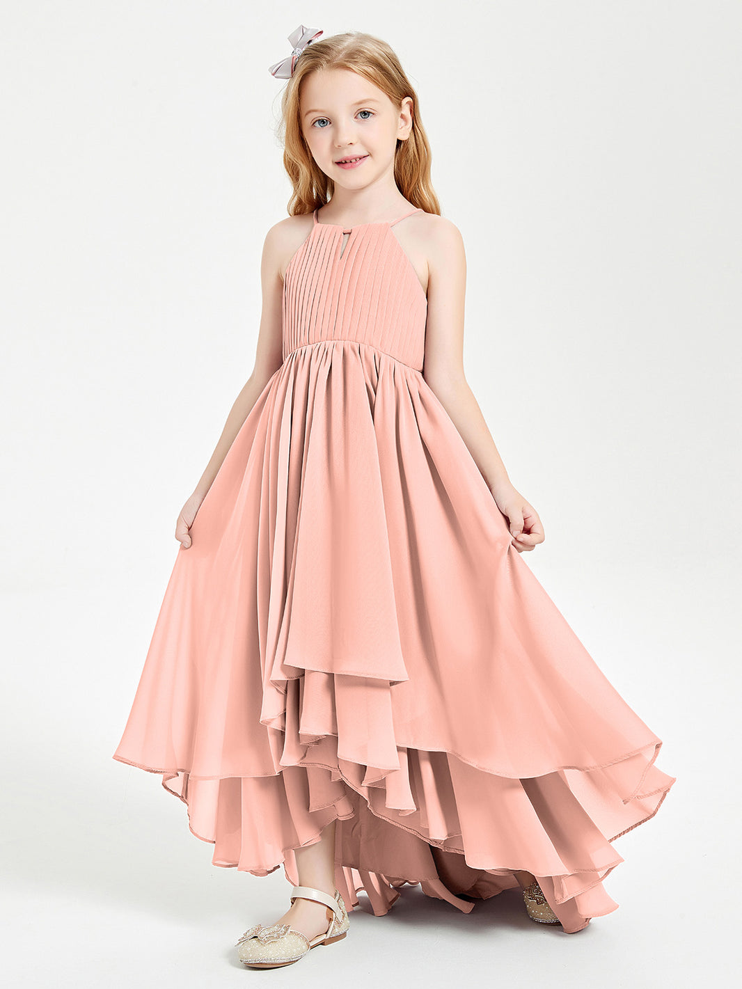 tulip skirt bridesmaid dress BABARONI Chiffon Junior Bridesmaid Dresses Asymmetrical Cascading Skirt Coral, Coral / J4