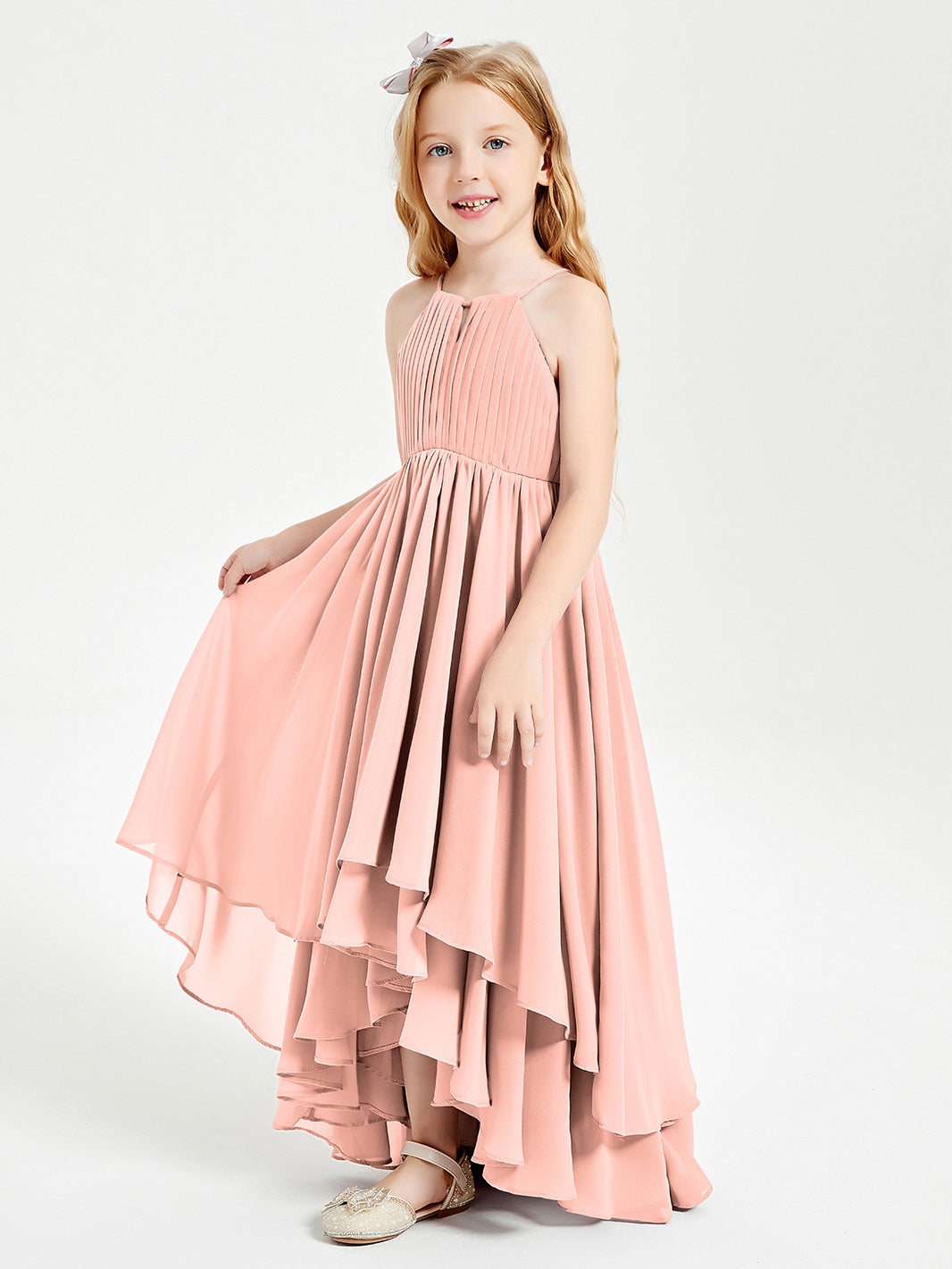 BABARONI Chiffon Junior Bridesmaid Dresses Asymmetrical Cascading Skirt Coral, Coral / J4