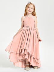 Chiffon Junior Bridesmaid Dresses Asymmetrical Cascading Skirt Coral