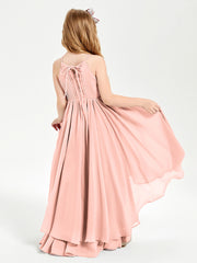 Chiffon Junior Bridesmaid Dresses Asymmetrical Cascading Skirt Coral