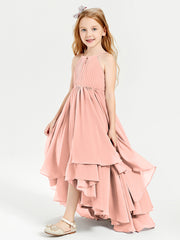Chiffon Junior Bridesmaid Dresses Asymmetrical Cascading Skirt Coral