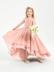 Chiffon Junior Bridesmaid Dresses Asymmetrical Cascading Skirt Coral