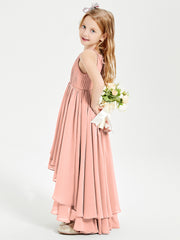 Chiffon Junior Bridesmaid Dresses Asymmetrical Cascading Skirt Coral