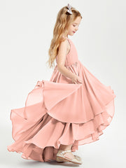 Chiffon Junior Bridesmaid Dresses Asymmetrical Cascading Skirt Coral