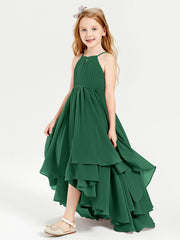 Chiffon Junior Bridesmaid Dresses Asymmetrical Cascading Skirt Dark Green