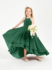 Chiffon Junior Bridesmaid Dresses Asymmetrical Cascading Skirt Dark Green