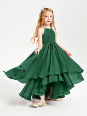 Chiffon Junior Bridesmaid Dresses Asymmetrical Cascading Skirt Dark Green