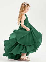 Chiffon Junior Bridesmaid Dresses Asymmetrical Cascading Skirt Dark Green