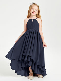 Chiffon Junior Bridesmaid Dresses Asymmetrical Cascading Skirt Dark Navy