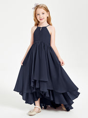Chiffon Junior Bridesmaid Dresses Asymmetrical Cascading Skirt Dark Navy