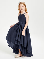 Chiffon Junior Bridesmaid Dresses Asymmetrical Cascading Skirt Dark Navy
