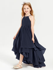 Chiffon Junior Bridesmaid Dresses Asymmetrical Cascading Skirt Dark Navy