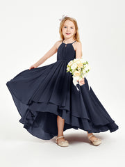 Chiffon Junior Bridesmaid Dresses Asymmetrical Cascading Skirt Dark Navy