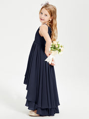 Chiffon Junior Bridesmaid Dresses Asymmetrical Cascading Skirt Dark Navy