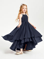 Chiffon Junior Bridesmaid Dresses Asymmetrical Cascading Skirt Dark Navy