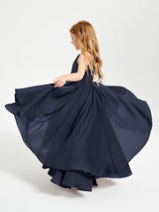 Chiffon Junior Bridesmaid Dresses Asymmetrical Cascading Skirt Dark Navy