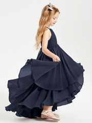 Chiffon Junior Bridesmaid Dresses Asymmetrical Cascading Skirt Dark Navy