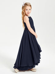 Chiffon Junior Bridesmaid Dresses Asymmetrical Cascading Skirt Dark Navy