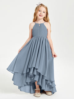 Chiffon Junior Bridesmaid Dresses Asymmetrical Cascading Skirt Dusty Blue