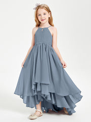 Chiffon Junior Bridesmaid Dresses Asymmetrical Cascading Skirt Dusty Blue