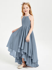 Chiffon Junior Bridesmaid Dresses Asymmetrical Cascading Skirt Dusty Blue